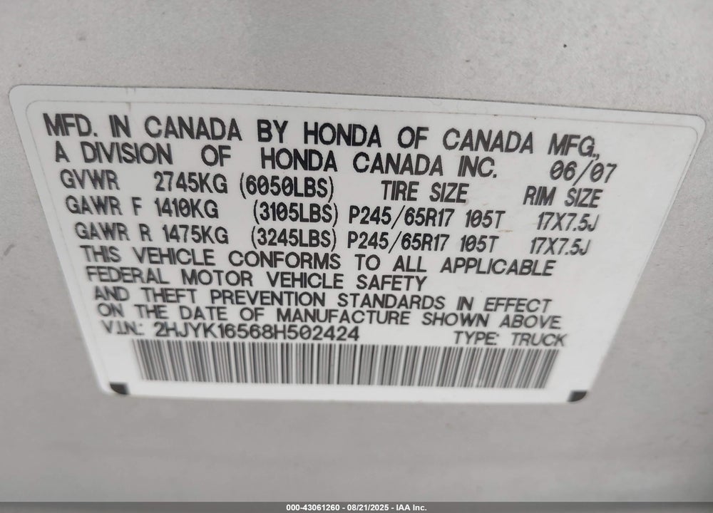 2008 HONDA RIDGELINE RTL VIN: 2HJYK16568H502424