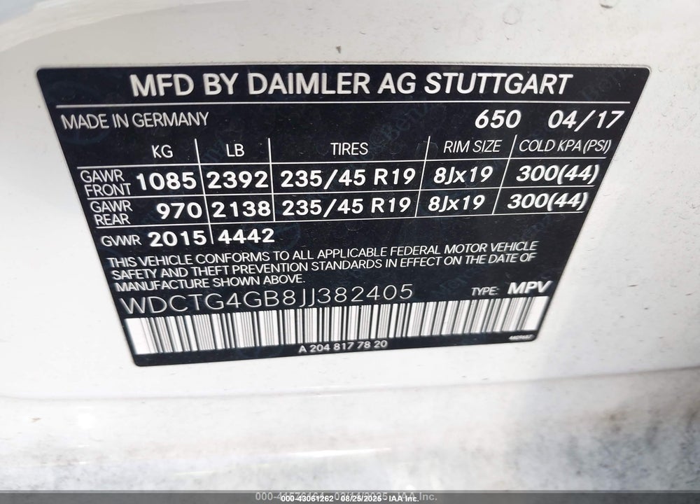 2018 MERCEDES-BENZ GLA-CLASS VIN: WDCTG4GB8JJ382405