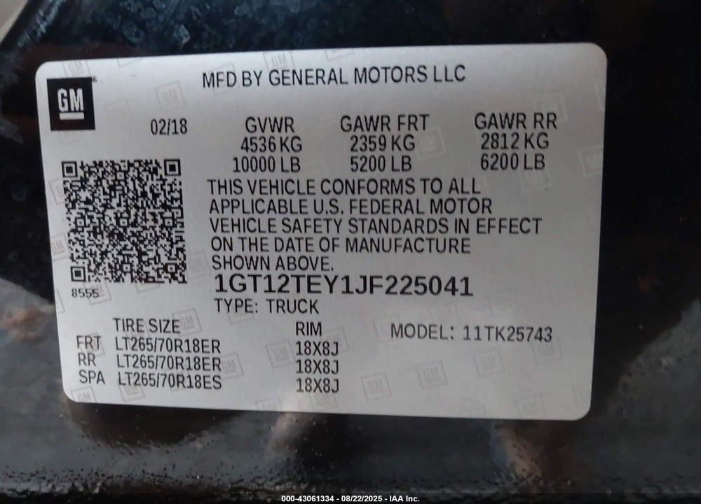 2018 GMC SIERRA VIN: 1GT12TEY1JF225041