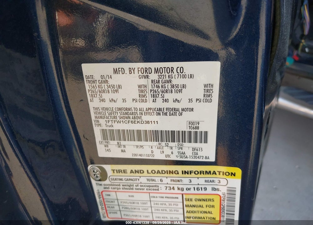2014 FORD F-150 VIN: 1FTFW1CF6EKD38111