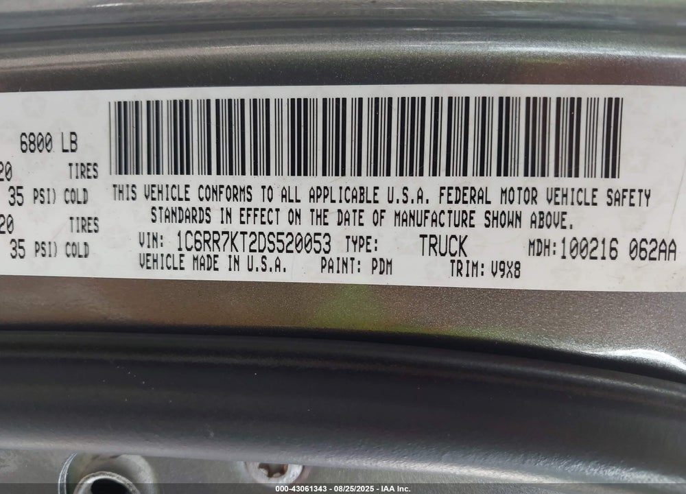 2013 RAM 1500 VIN: 1C6RR7KT2DS520053