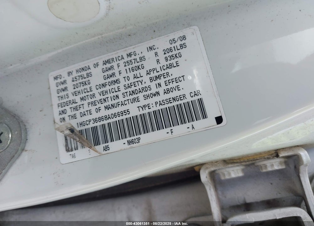 2008 HONDA ACCORD 3.5 EX-L VIN: 1HGCP36868A066955
