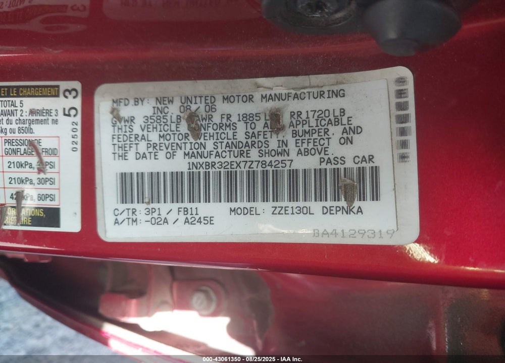 2007 TOYOTA COROLLA LE VIN: 1NXBR32EX7Z784257