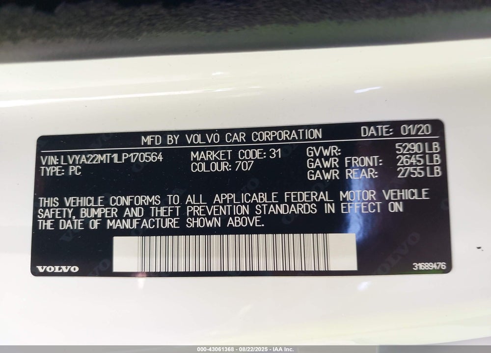 2020 VOLVO S90 VIN: LVYA22MT1LP170564