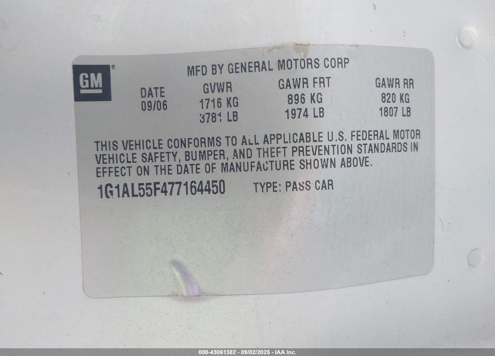 2007 CHEVROLET COBALT LT VIN: 1G1AL55F477164450