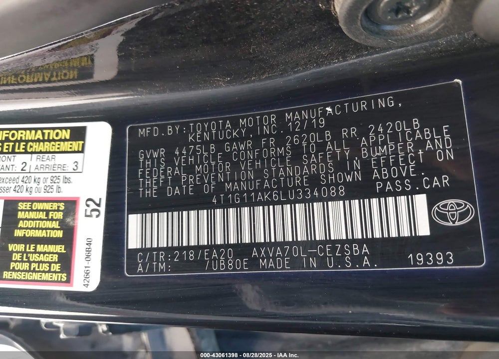2020 TOYOTA CAMRY VIN: 4T1G11AK6LU334088