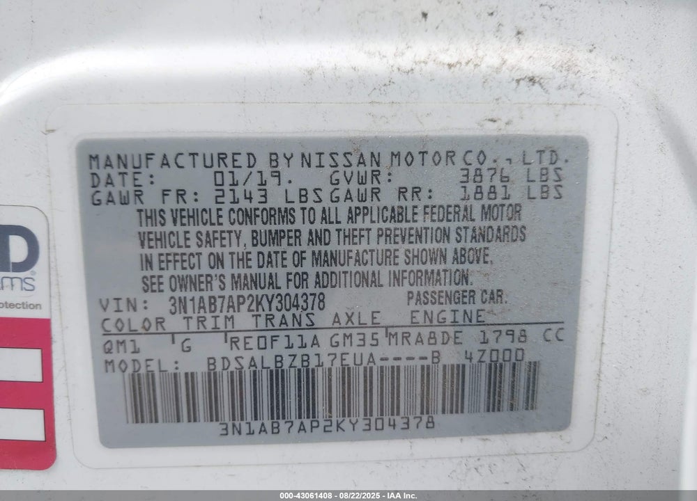 2019 NISSAN SENTRA VIN: 3N1AB7AP2KY304378