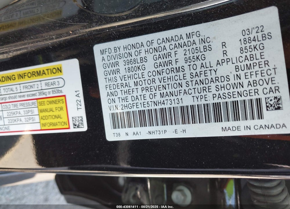 2022 HONDA CIVIC SI SEDAN VIN: 2HGFE1E57NH473131
