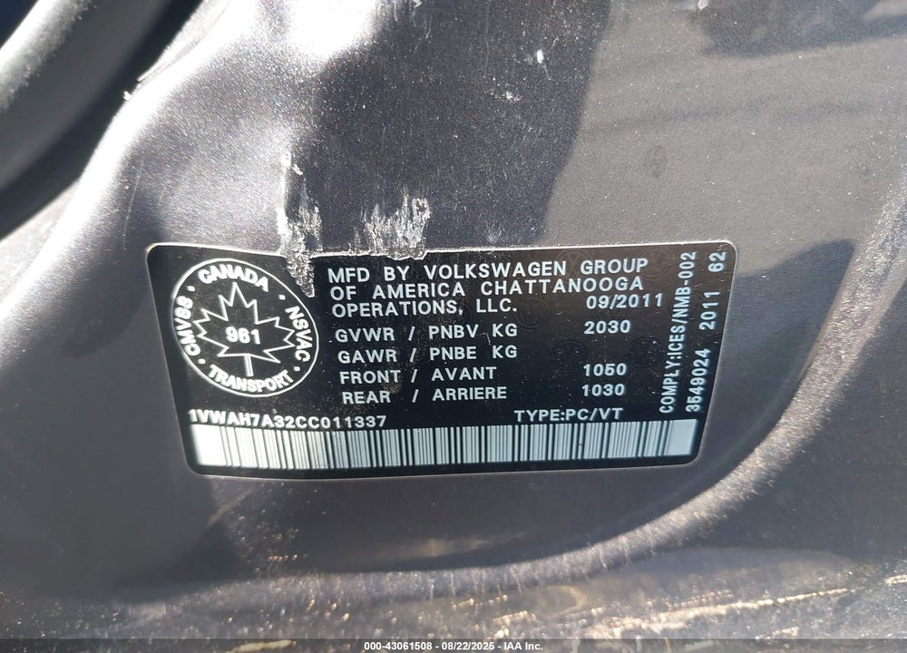 2012 VOLKSWAGEN PASSAT VIN: 1VWAH7A32CC011337