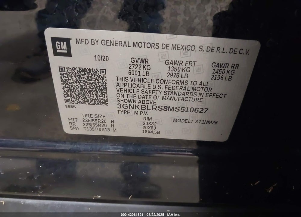2021 CHEVROLET BLAZER VIN: 3GNKBLRS8MS510627