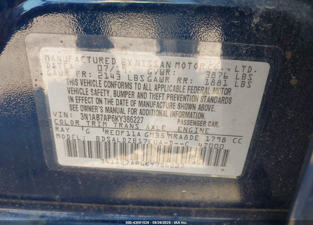 2019 NISSAN SENTRA VIN: 3N1AB7AP6KY386227