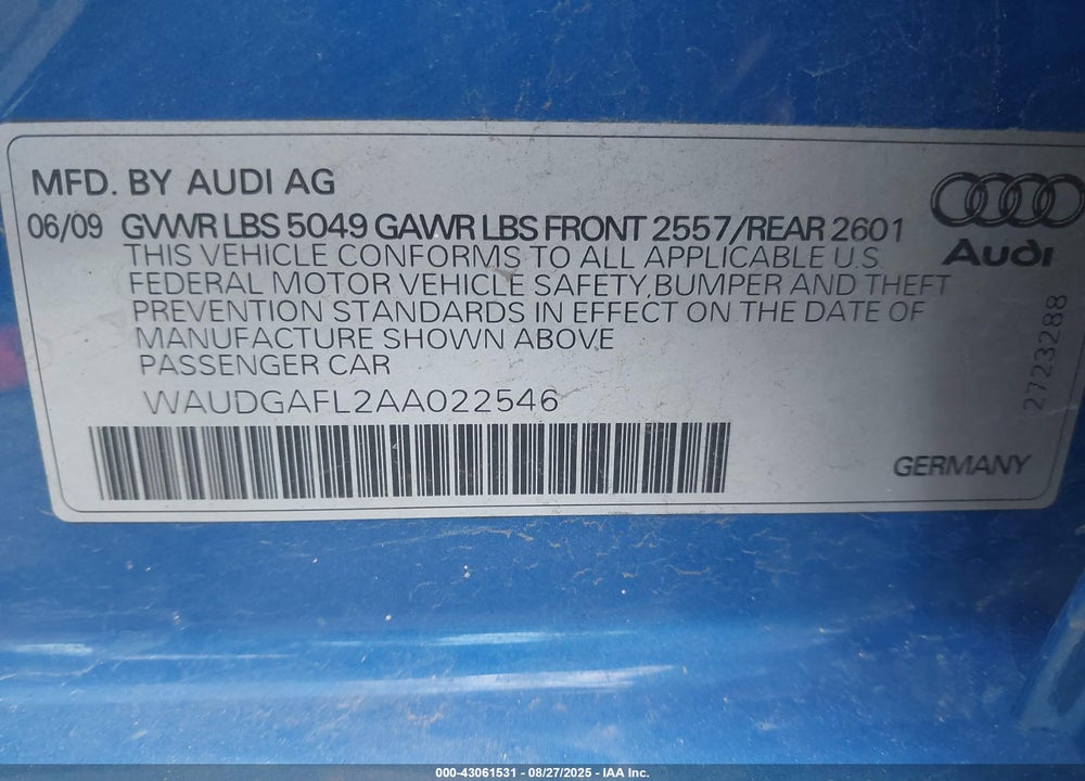2010 AUDI S4 3.0 PREMIUM PLUS VIN: WAUDGAFL2AA022546