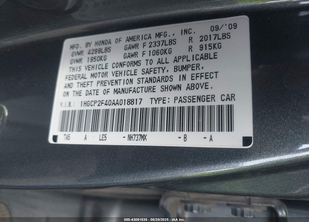 2010 HONDA ACCORD VIN: 1HGCP2F40AA018817