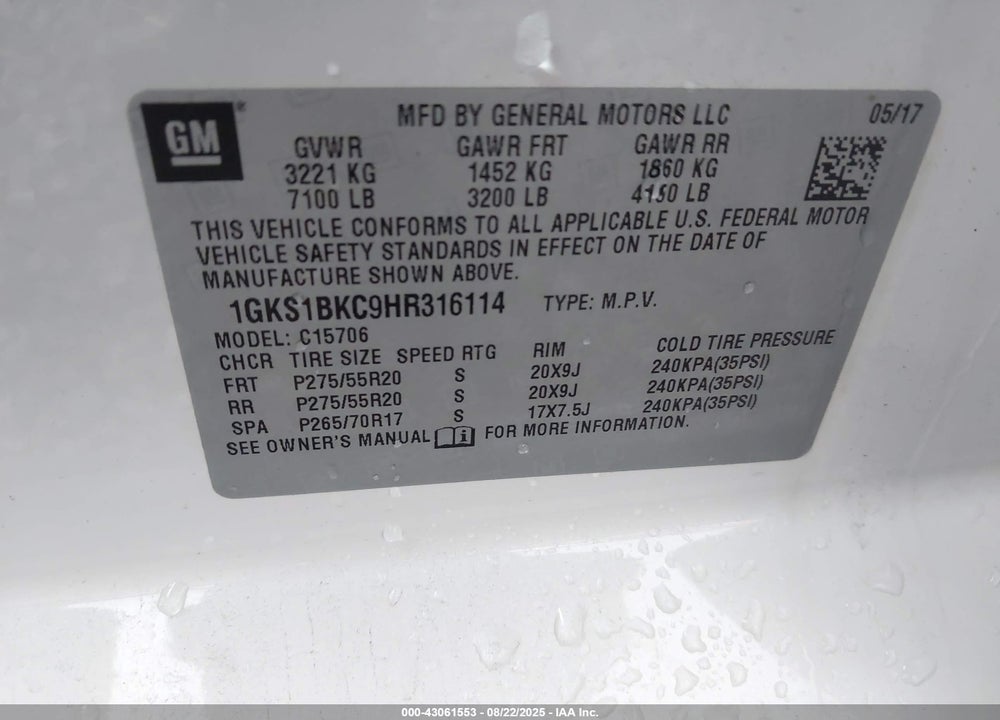 2017 GMC YUKON VIN: 1GKS1BKC9HR316114