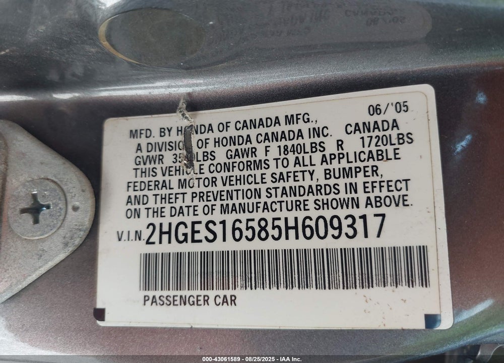 2005 HONDA CIVIC LX VIN: 2HGES16585H609317