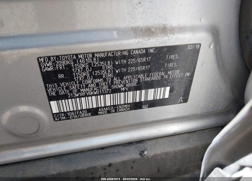 2019 TOYOTA RAV4 XLE VIN: 2T3W1RFV6KW011372