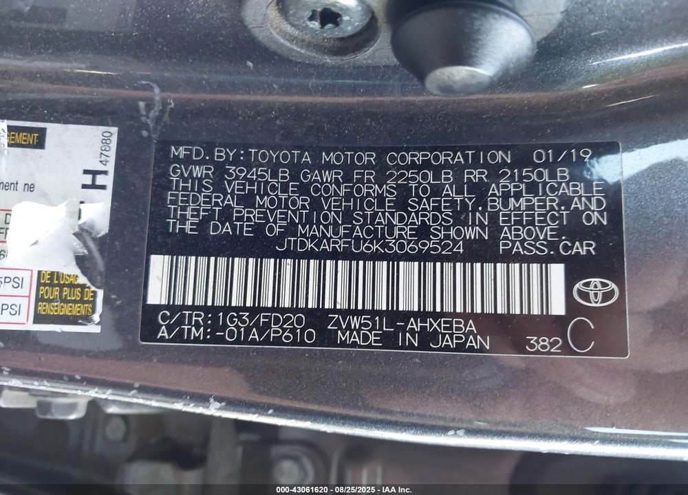 2019 TOYOTA PRIUS VIN: JTDKARFU6K3069524
