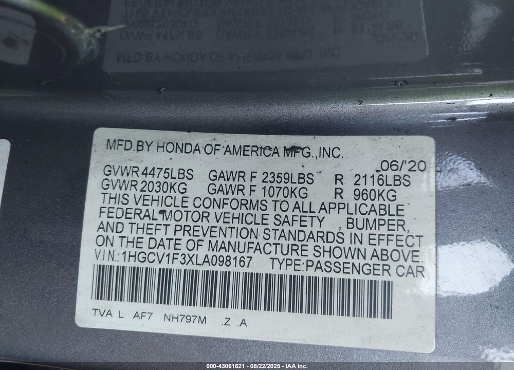 2020 HONDA ACCORD VIN: 1HGCV1F3XLA098167