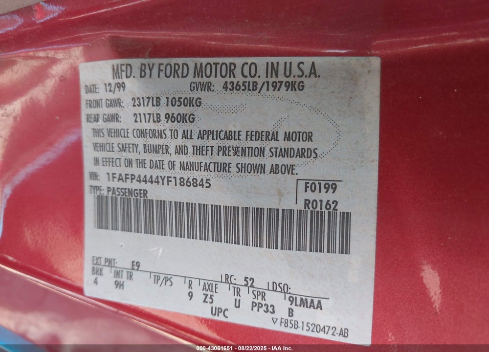 2000 FORD MUSTANG VIN: 1FAFP4444YF186845