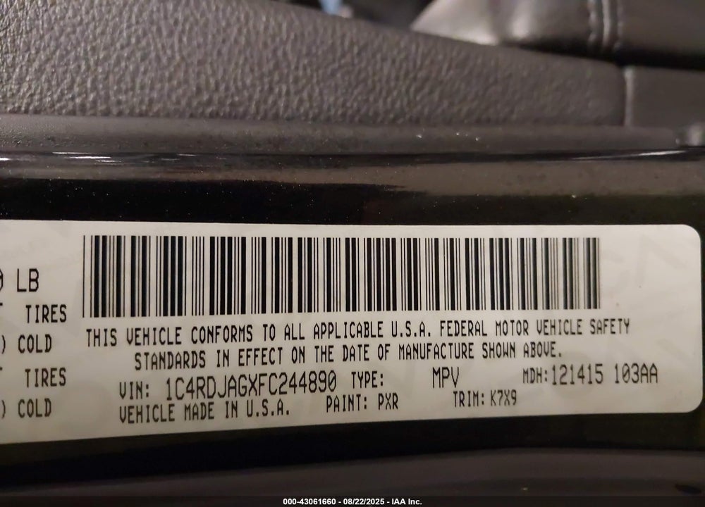 2015 DODGE DURANGO VIN: 1C4RDJAGXFC244890