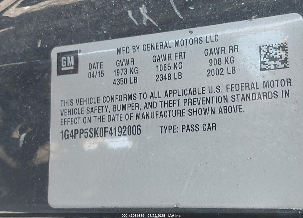 2015 BUICK VERANO VIN: 1G4PP5SK0F4192006