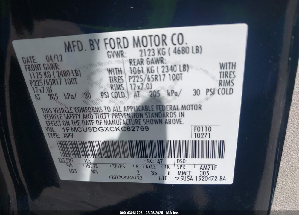2012 FORD ESCAPE VIN: 1FMCU9DGXCKC62769