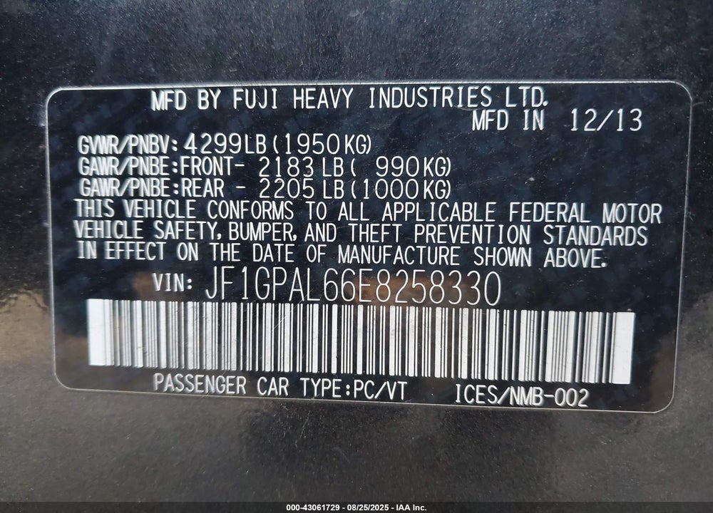2014 SUBARU IMPREZA VIN: JF1GPAL66E8258330