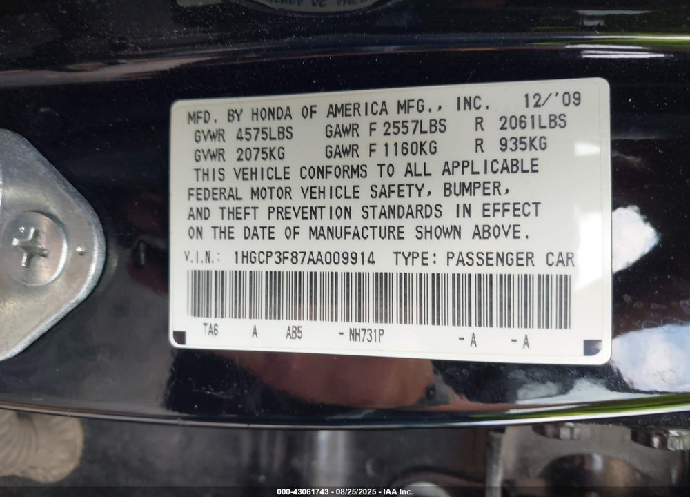2010 HONDA ACCORD 3.5 EX-L VIN: 1HGCP3F87AA009914