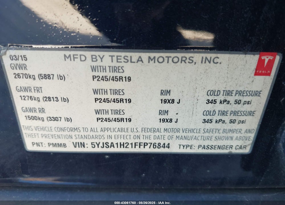 2015 TESLA MODEL S VIN: 5YJSA1H21FFP76844