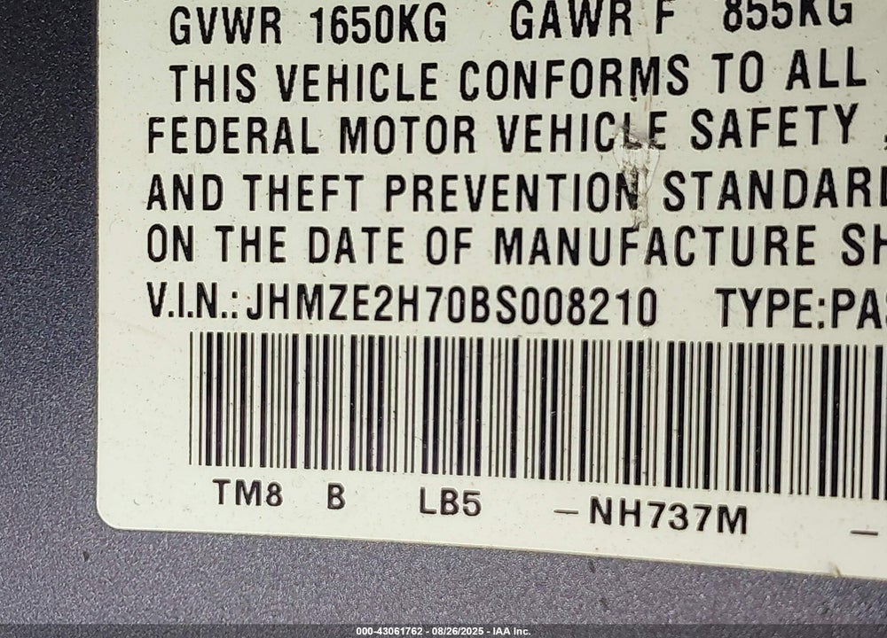 2011 HONDA INSIGHT VIN: JHMZE2H70BS008210