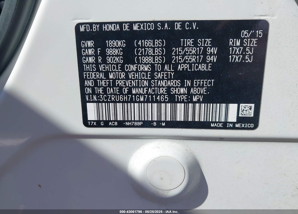 2016 HONDA HR-V VIN: 3CZRU6H71GM711465
