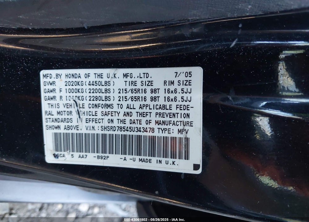 2005 HONDA CR-V LX VIN: SHSRD78545U343478