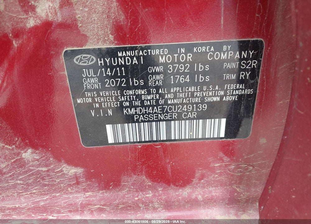 2012 HYUNDAI ELANTRA VIN: KMHDH4AE7CU249139