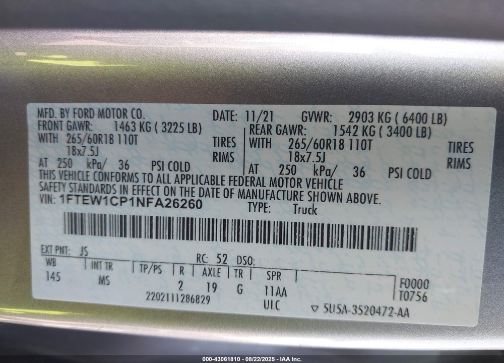2022 FORD F-150 VIN: 1FTEW1CP1NFA26260