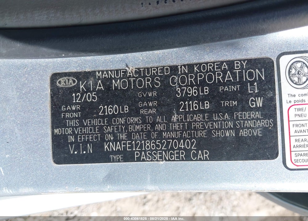 2006 KIA SPECTRA EX/LX/SX VIN: KNAFE121865270402