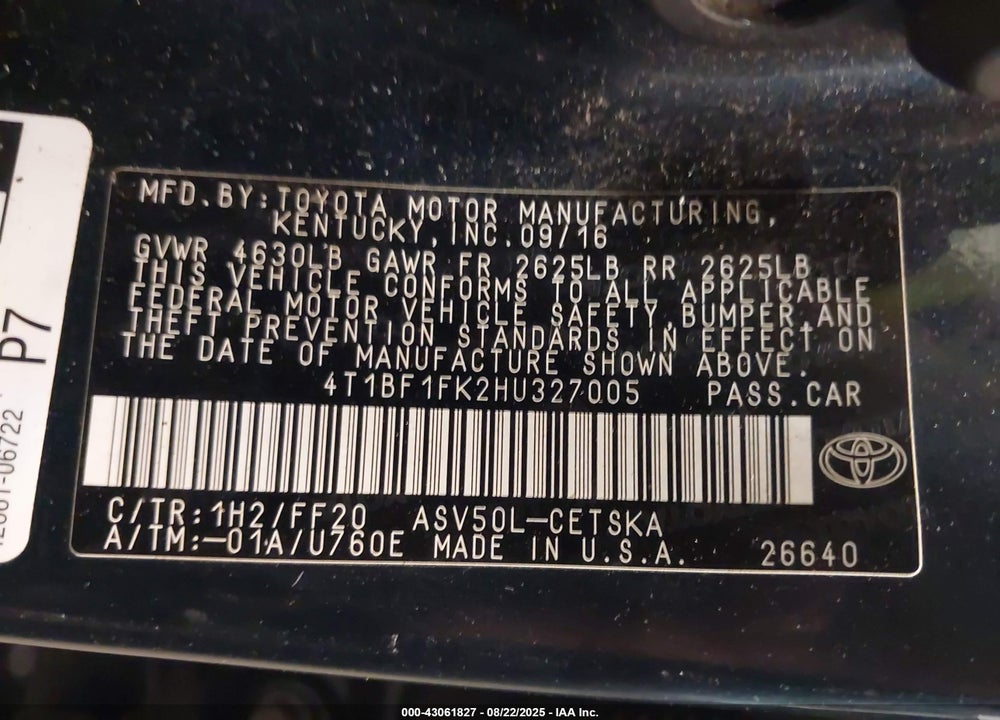 2017 TOYOTA CAMRY VIN: 4T1BF1FK2HU327005