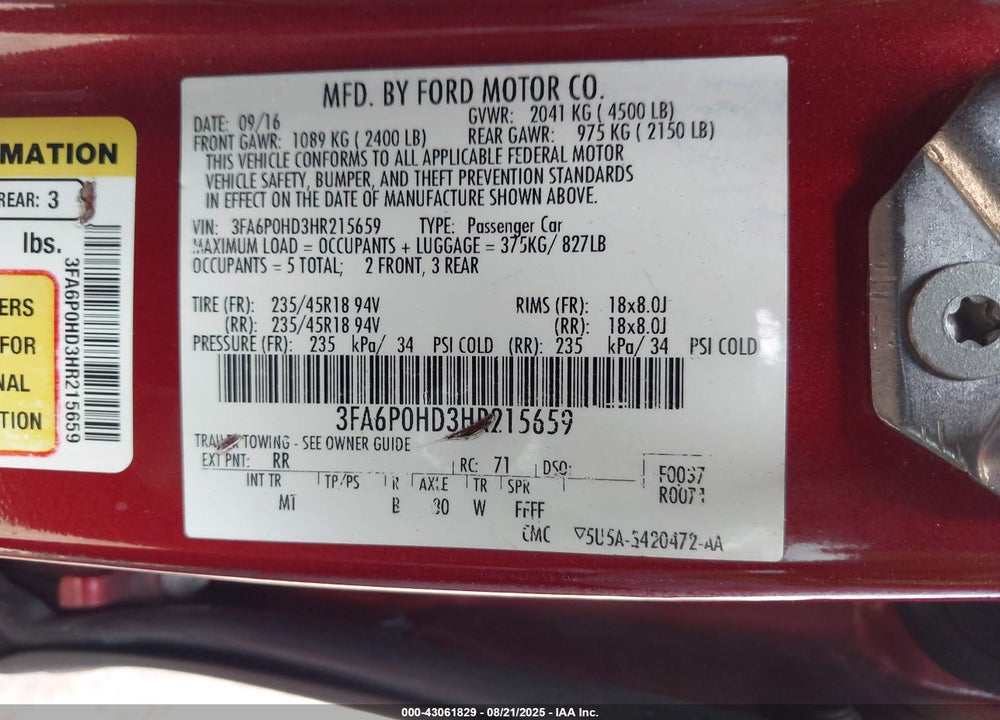 2017 FORD FUSION VIN: 3FA6P0HD3HR215659