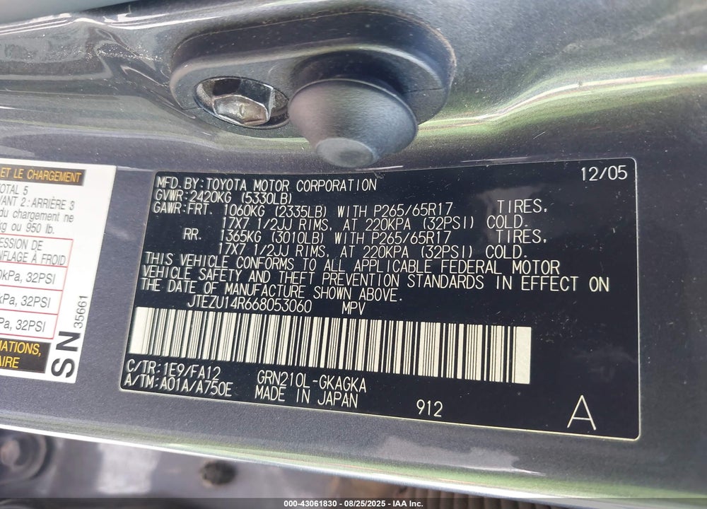 2006 TOYOTA 4RUNNER SR5 V6 VIN: JTEZU14R668053060