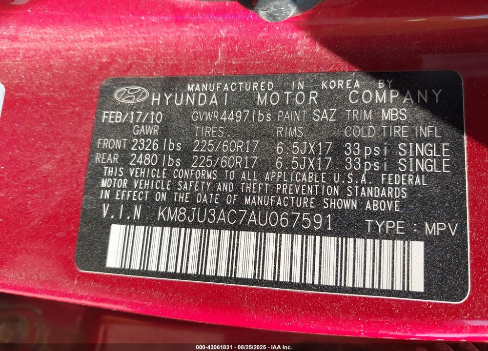 2010 HYUNDAI TUCSON VIN: KM8JU3AC7AU067591