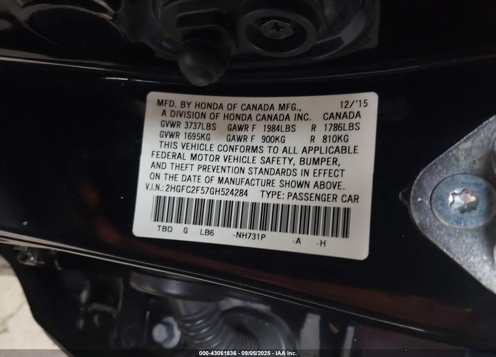 2016 HONDA CIVIC VIN: 2HGFC2F57GH524284