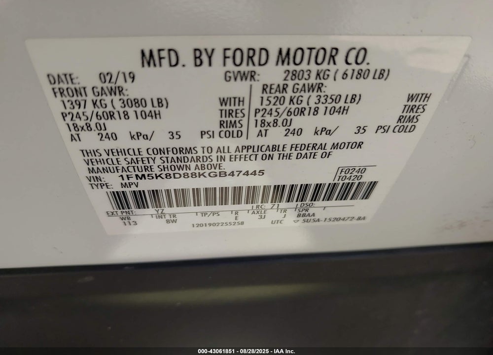 2019 FORD EXPLORER VIN: 1FM5K8D88KGB47445