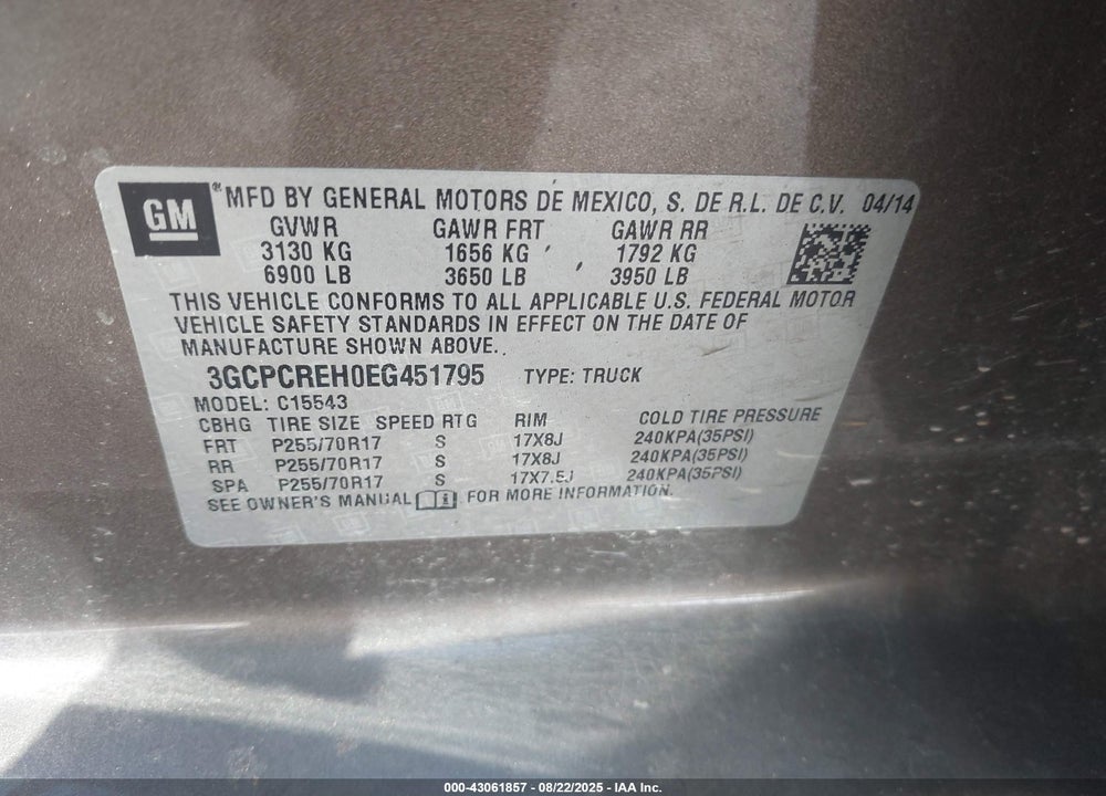 2014 CHEVROLET SILVERADO 1500 1LT VIN: 3GCPCREH0EG451795
