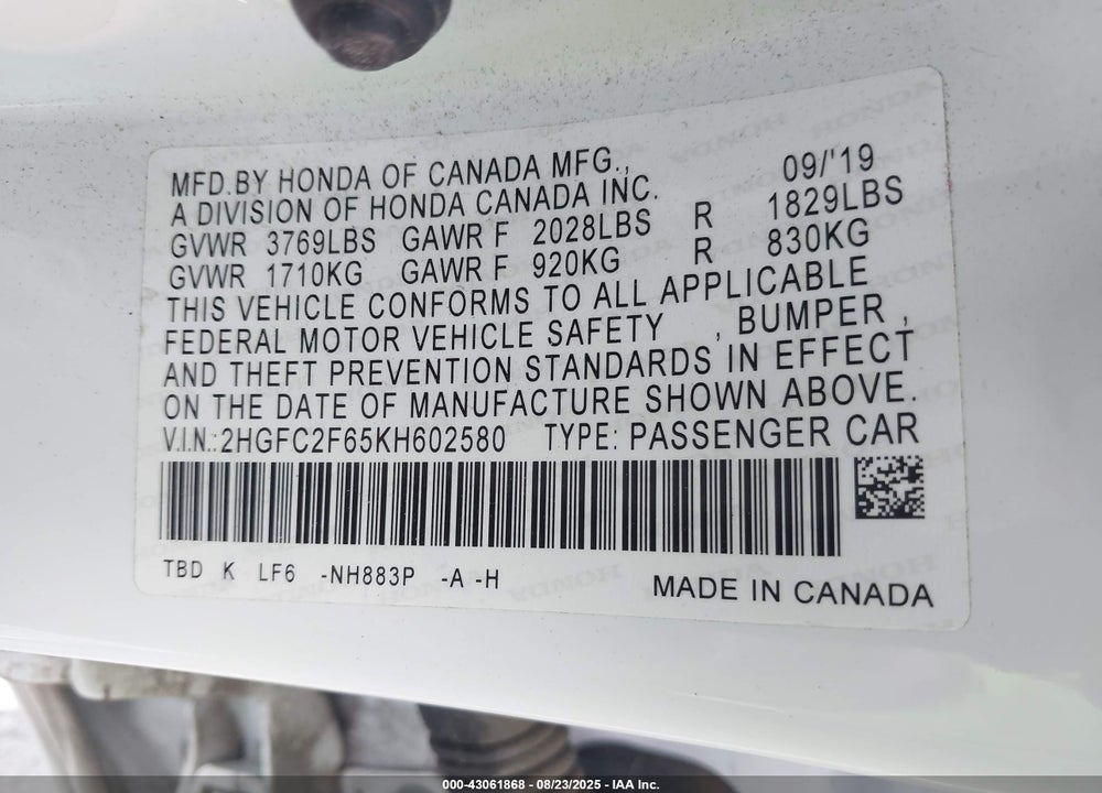 2019 HONDA CIVIC VIN: 2HGFC2F65KH602580
