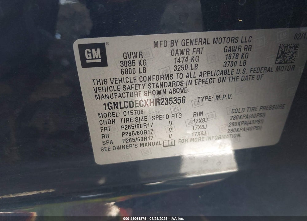 2017 CHEVROLET TAHOE COMMERCIAL FLEET VIN: 1GNLCDECXHR235356