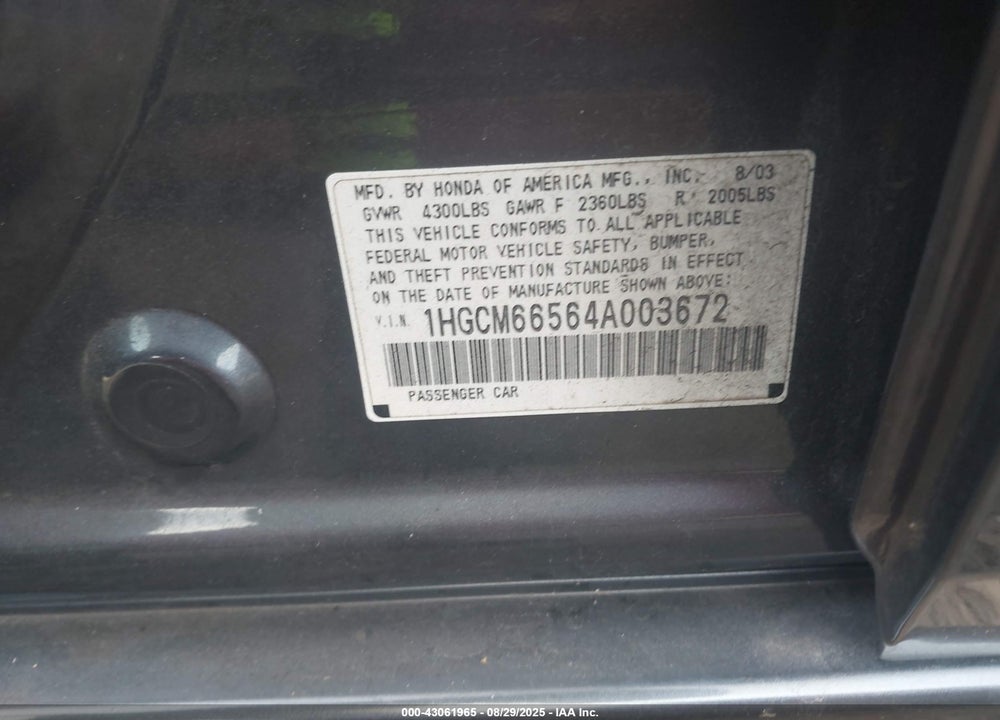 2004 HONDA ACCORD 3.0 EX VIN: 1HGCM66564A003672