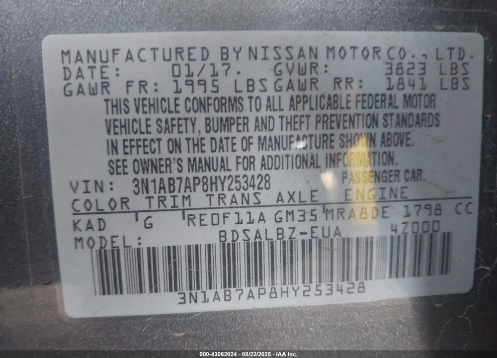 2017 NISSAN SENTRA VIN: 3N1AB7AP8HY253428
