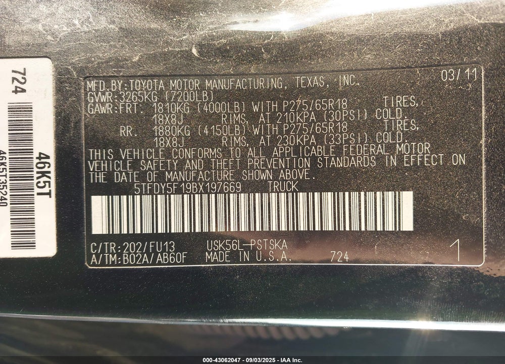 2011 TOYOTA TUNDRA VIN: 5TFDY5F19BX197669