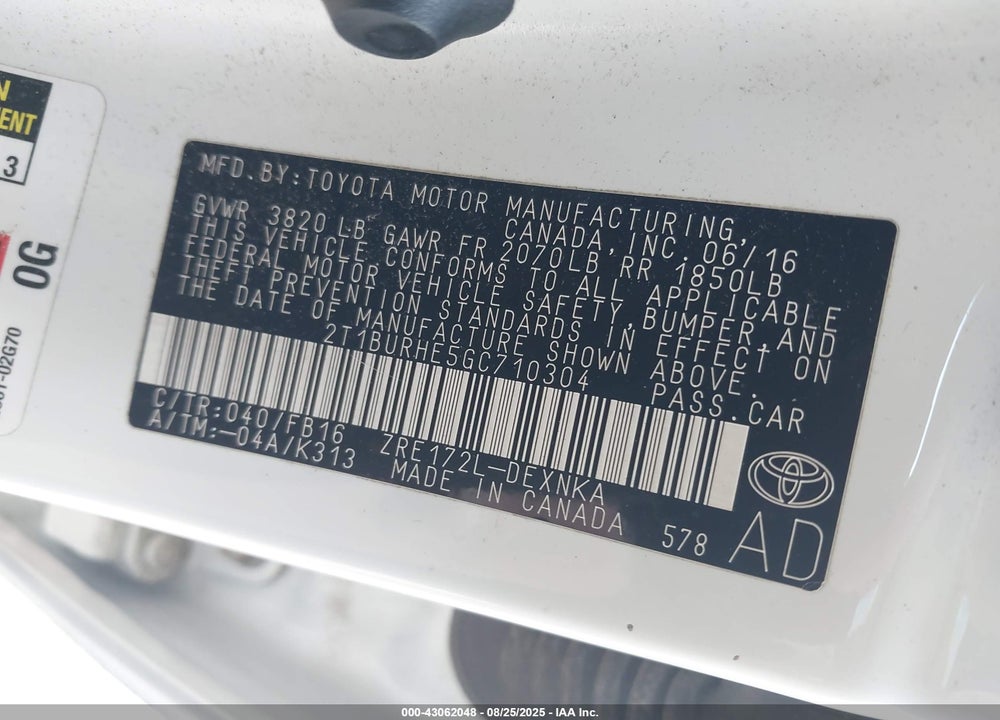 2016 TOYOTA COROLLA VIN: 2T1BURHE5GC710304