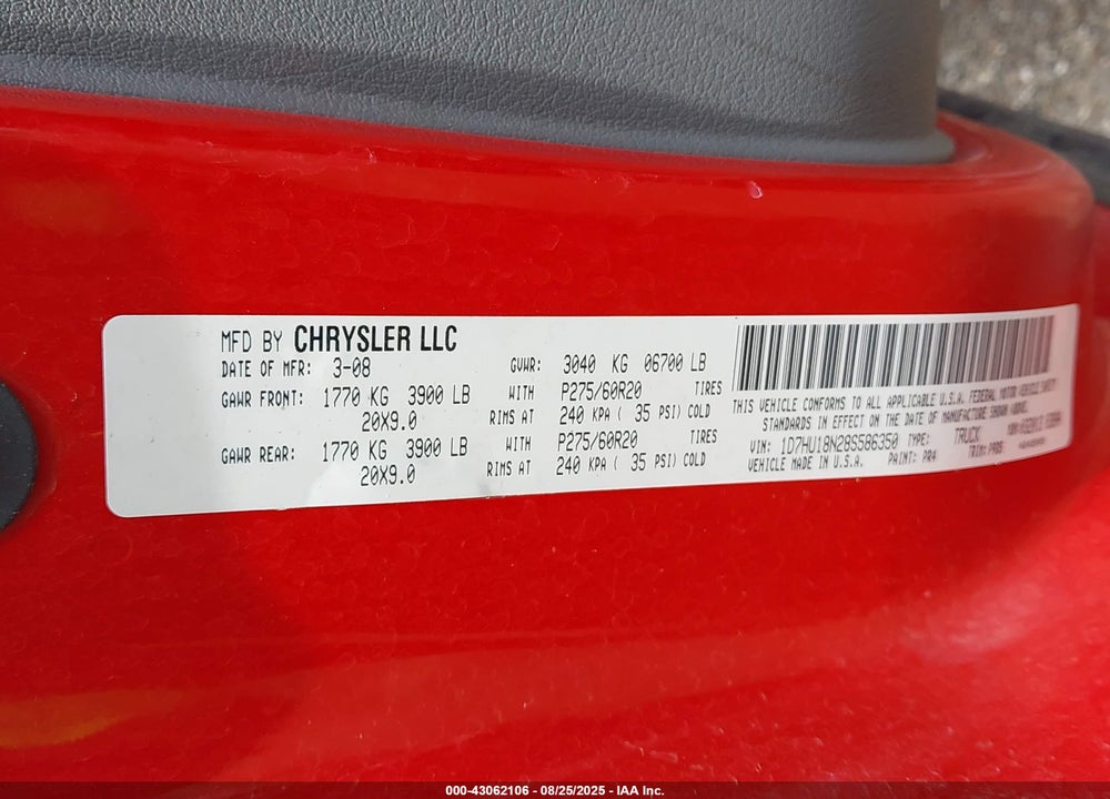 2008 DODGE RAM 1500 SLT VIN: 1D7HU18N28S586350