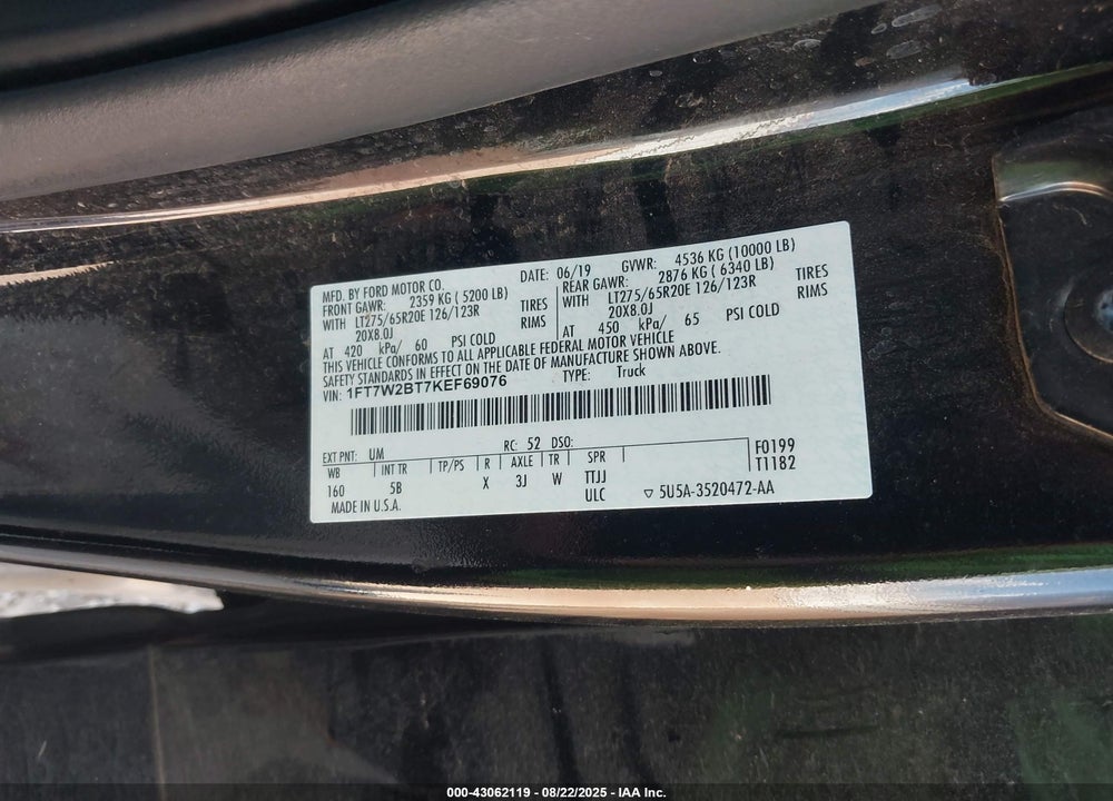 2019 FORD F-250 LARIAT VIN: 1FT7W2BT7KEF69076